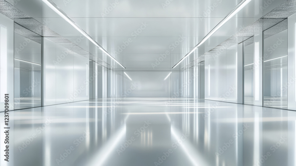 Poster 360 degree panorama view of empty white room with metallic surface and reflections 3d render illustr