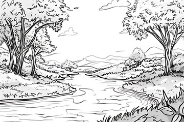 Fototapeta premium Draw a peaceful river winding through a forest using black outlines only, without adding any colors.