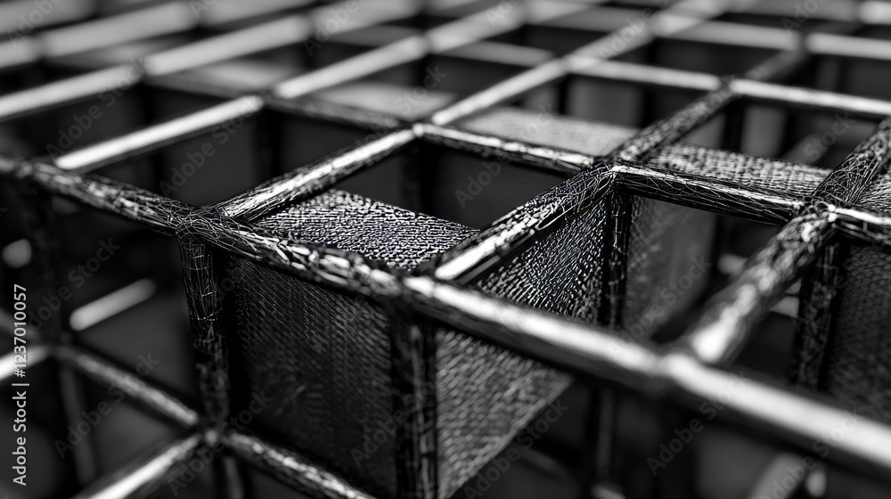 Poster abstract black and white wire mesh line cube block 3d render illustration