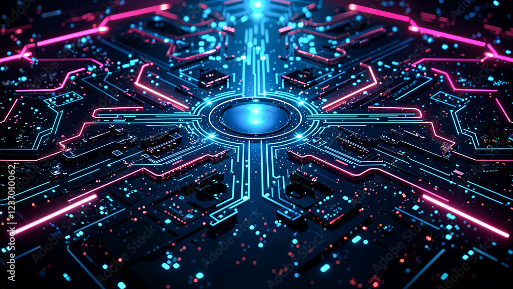 Aufkleber futuristic circuit board glowing lines and data flow on dark background