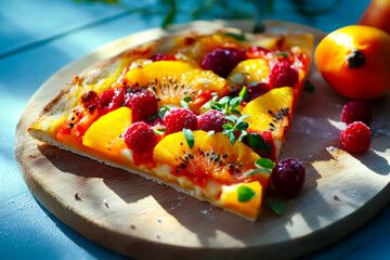 Vibrant pizza slice topped with exotic fruits and herbs.