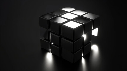 Black cube abstract texture with a staple of white blocks low key lighting background 3d illustration render