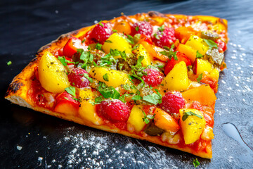 Vibrant pizza slice topped with exotic fruits and herbs.