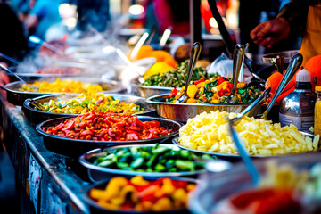Vibrant shot of a food vendor area with diverse culinary offerings.