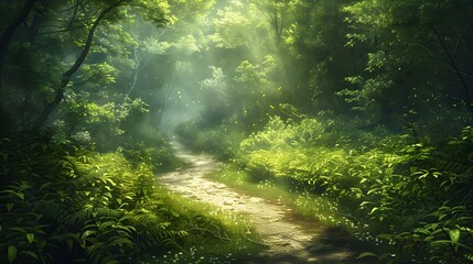 Obraz premium Tranquil Journey Through a Verdant Forest Path Basked in Dappled Sunlight