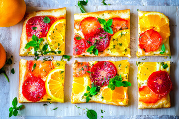 Vibrant pizza slice topped with exotic fruits and herbs. 