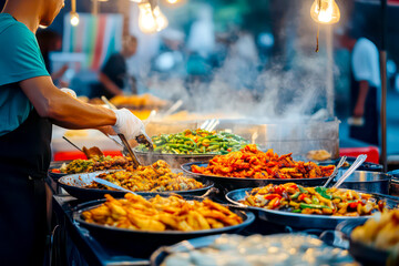 Vibrant shot of a food vendor area with diverse culinary offerings. 