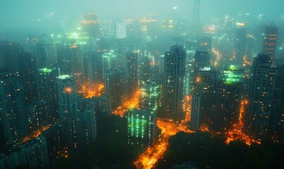 Fototapeta premium Night cityscape shrouded in fog and rain, with orange and green lights illuminating the buildings.