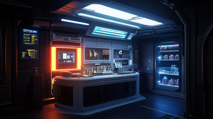 futuristic laboratory hall space station floor with product presentation light stand 3d render illustration