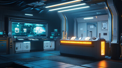 futuristic laboratory hall space station floor with product presentation light stand 3d render illustration