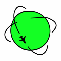 Sticker on the theme of travel with the image of a Planet with an airplane.