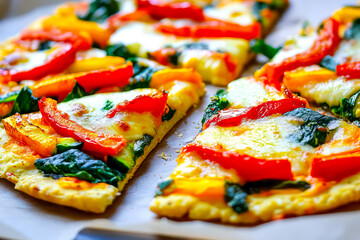 Vibrant vegetable-focused pizza with a cauliflower crust. 