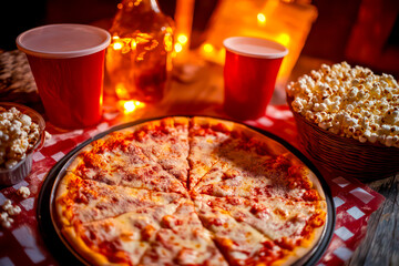 Vintage-style movie night with pizza and popcorn. 