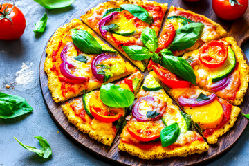 Vibrant vegetable-focused pizza with a cauliflower crust. 