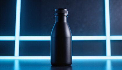 Black matte bottle mockup under neon lighting for premium beverages, kombucha, or infused drinks with copy space