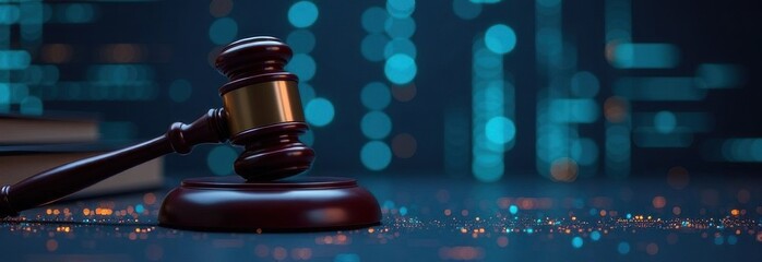 Judge's gavel resting on sound block symbolizing online law and legal technology