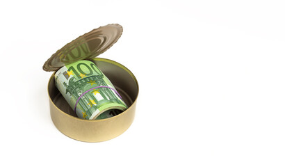 A pack of 100 euro banknotes in an open tin can on a white background.
