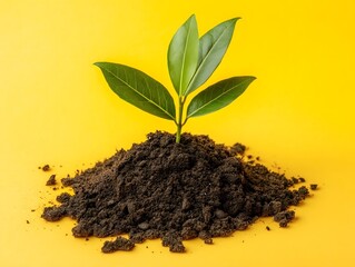 A vibrant young plant grows from a mound of rich soil against a bright yellow background, symbolizing new beginnings, growth, and potential.