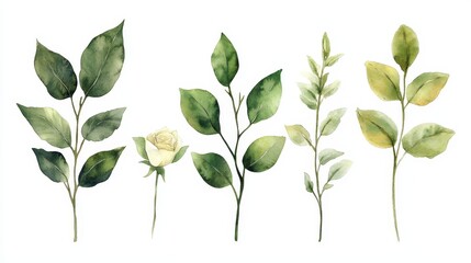Obraz premium Watercolor roses flowers leaves isolated on white background