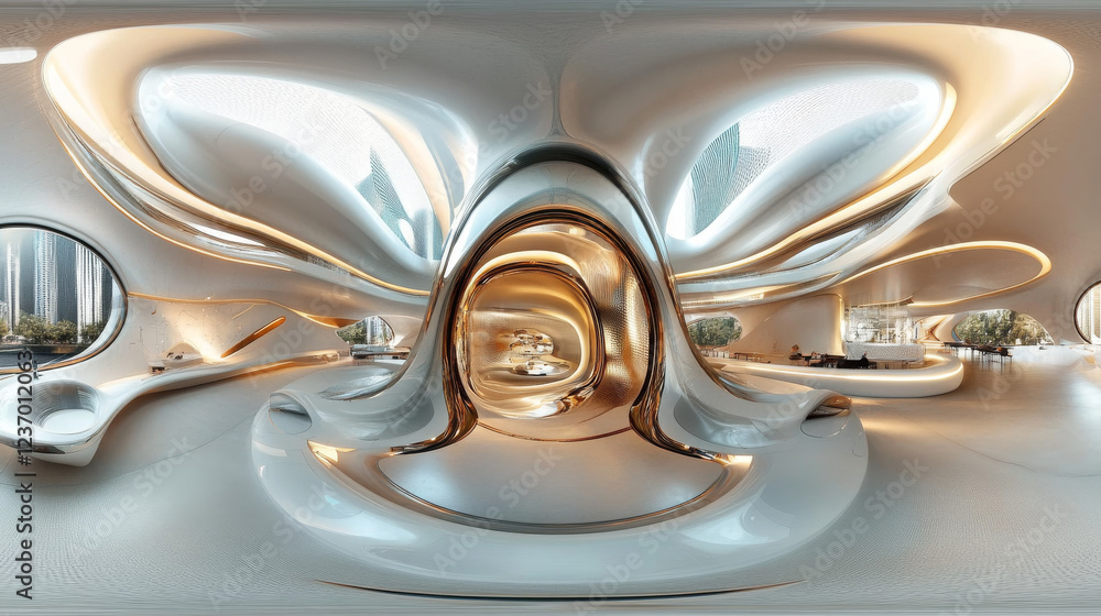 Poster full 360 equirectangular spherical panorama view of modern futuristic technology building architectu