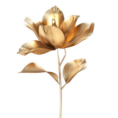 Golden metal flower sculpture with intricate petals and leaves on a delicate stem design