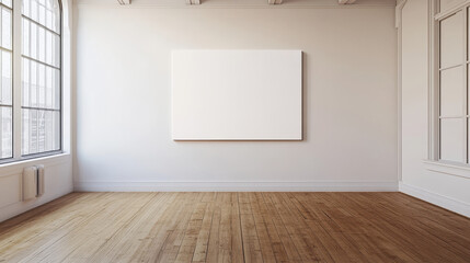 empty canvas on white wall in art gallery with wooden floor exhibtion 3d render illustration mock up template