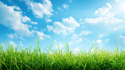 art abstract spring or summer background with fresh grass and sunny sky close up with space for your content 3d render illustration