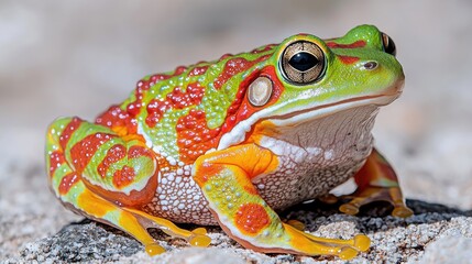 Fototapeta premium Colorful frog on rock, tropical background, nature wildlife
