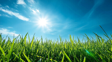 Obraz premium art abstract spring or summer background with fresh grass and sunny sky close up with space for your content 3d render illustration
