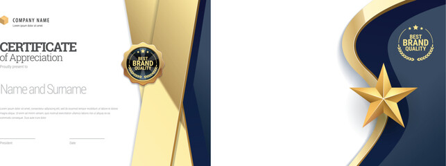 Award certificate with a star design in blue and gold colors. Horizontal template Diploma of modern design or gift certificate. Vector illustration.