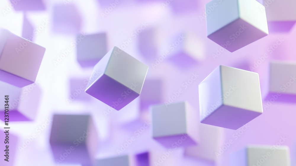 Aufkleber white and violet flying cubes and boxes in in front of white background abstract 3 render illustrati