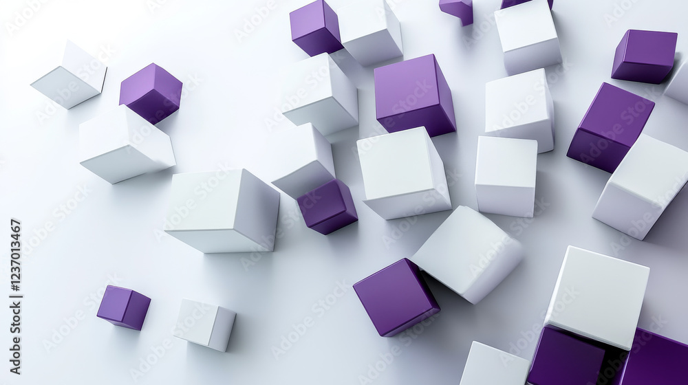 Poster white and violet flying cubes and boxes in in front of white background abstract 3 render illustrati