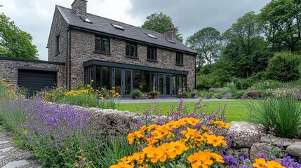 Stone House with Blooming Garden