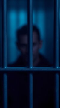 Person behind bars in a dimly lit cell contemplating isolation and confinement