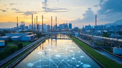 Fototapeta premium Smart industrial park at sunset with digital network overlay on canal.