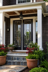 Elegant Home Entrance with Black Double Doors and Stone Steps. Beautiful exterior design, perfect for real estate listings and architectural inspiration.
