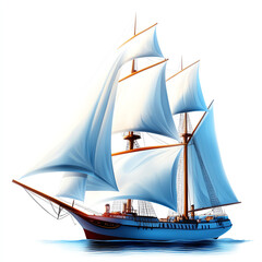Obraz premium A beautifully crafted sailing ship with crisp white sails billowing in the wind, gliding gracefully across serene waters, showcasing the elegance and adventure of maritime travel.