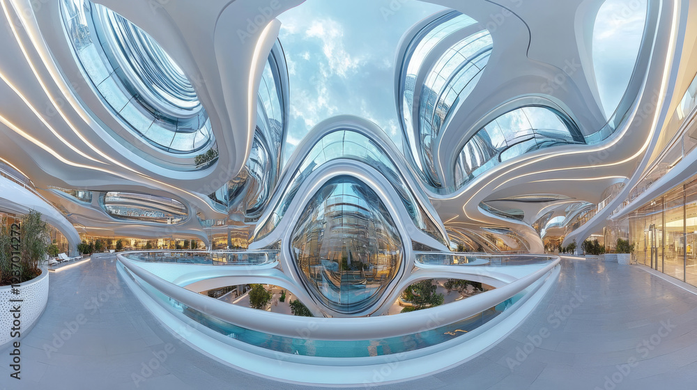 Poster full 360 equirectangular spherical panorama view of modern futuristic technology building architectu