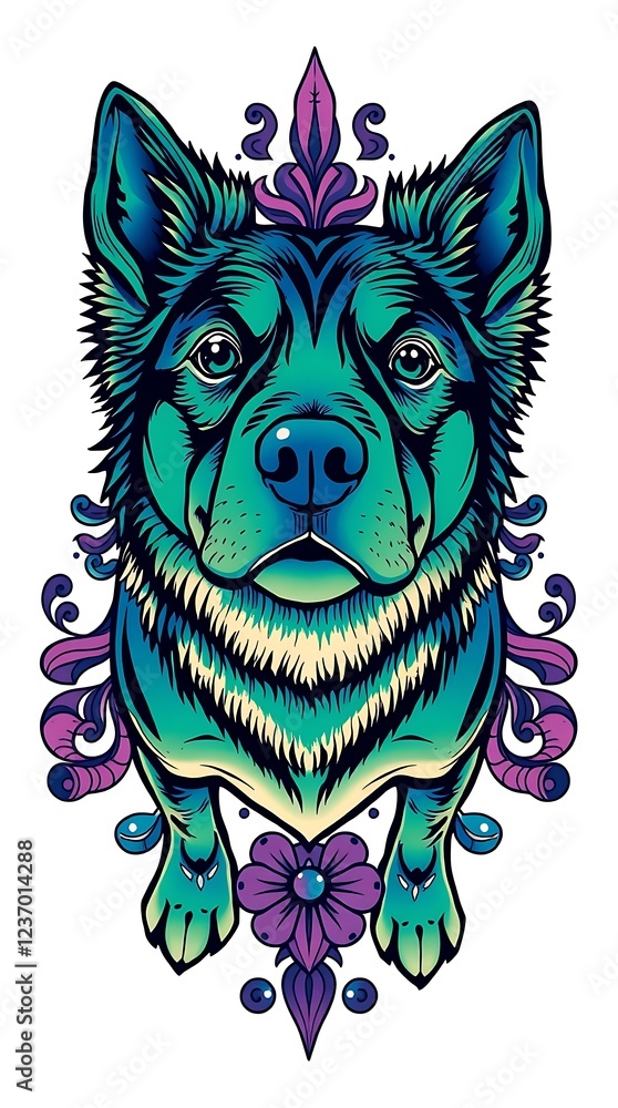 Poster artistic representation of a dog with intricate design elements and bold colors