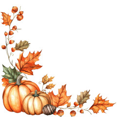 Autumn corner design with pumpkins, leaves, and acorn on transparent background png isolated