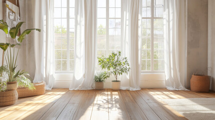 Fototapeta premium empty bright studio empty room with wood floor and white curtains and bright sun light 3d render illustration
