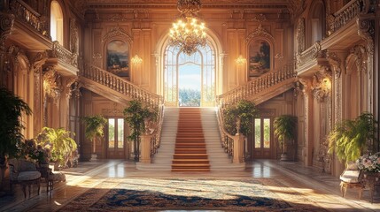 Obraz premium Grand Mansion Staircase, Sunlit Entryway, Luxury Home Interior Design