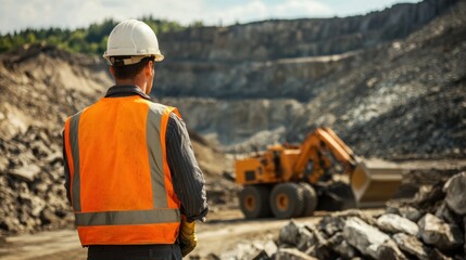 An intimate view of a heavy machinery operator in a quarry, managing equipment for stone extraction, Quarry operation scene