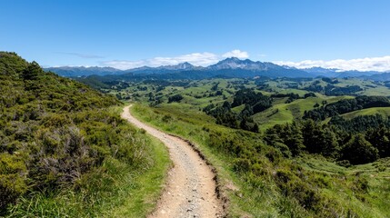 Winding trail, mountain vista, rural landscape, sunny day, travel photography