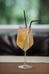 A glass of fresh delicious sangria on the table in the restaurant