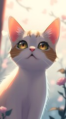 Obraz premium Cat gazing upward among blooming flowers in warm light