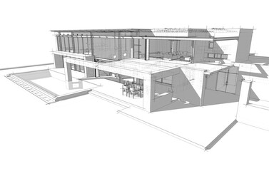 3D architectural wireframe of a modern house with large glass windows and open terrace. Ideal for architectural visualization, real estate concepts, and building design presentations.