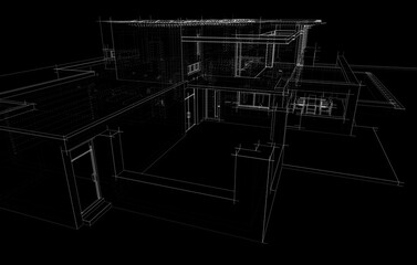 3D architectural wireframe of a modern house with large glass windows and open terrace. Ideal for architectural visualization, real estate concepts, and building design presentations.