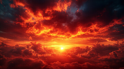 Fototapeta premium Vibrant sunset paints the sky with hues of orange and red over a serene landscape