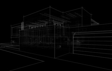 3D architectural wireframe of a modern house with large glass windows and open terrace. Ideal for architectural visualization, real estate concepts, and building design presentations.